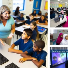 An image of a diverse classroom in a Florida charter school, with students engaged in interactive lessons using technology, while the educator fosters